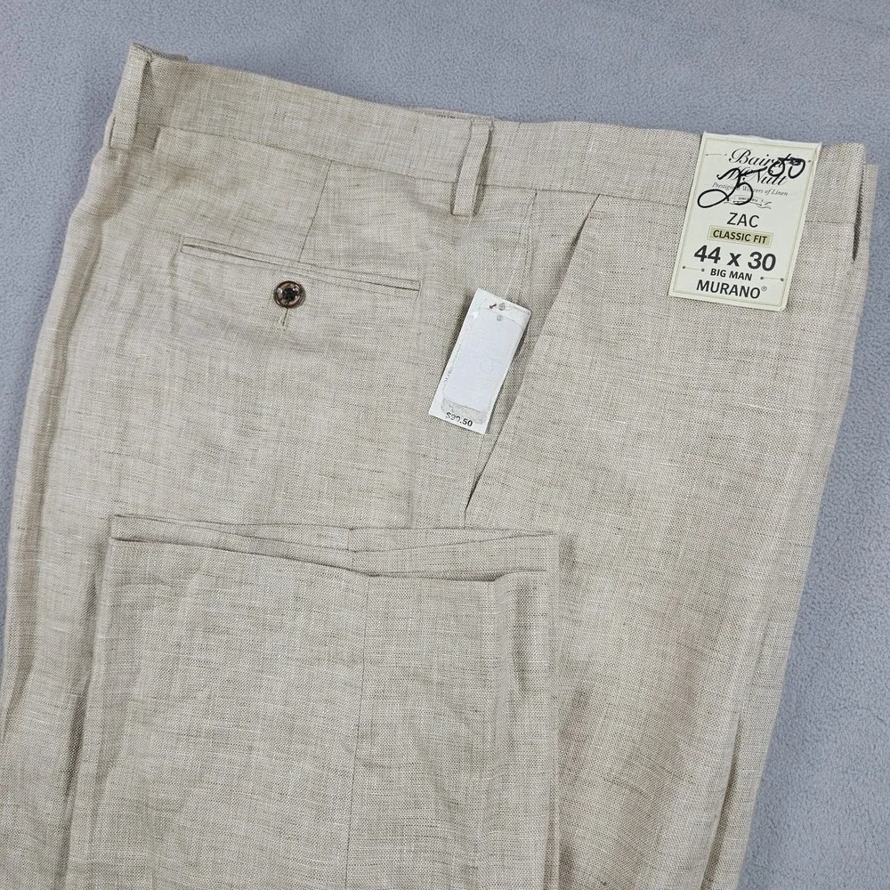 Murano Baird McNutt Linen Dress Pants Mens 44x30 Beige Zac Classic Fit Big Man